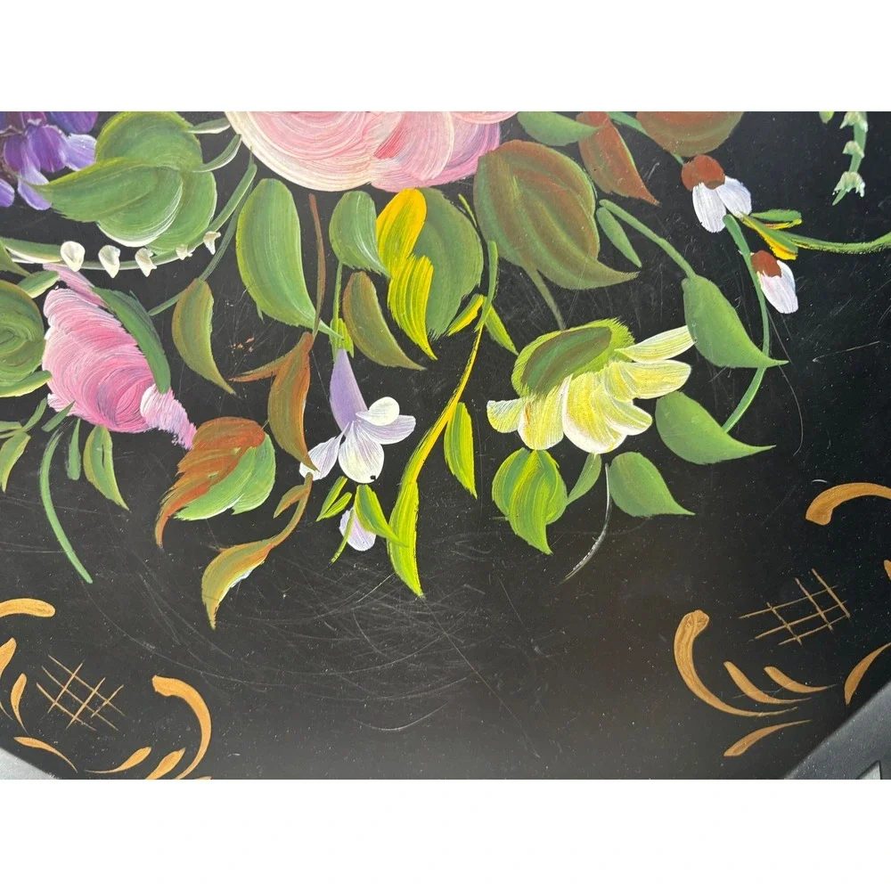Vtg Nashco Hand‎ Painted Tray Tole Floral Black Octagon Serving Decor